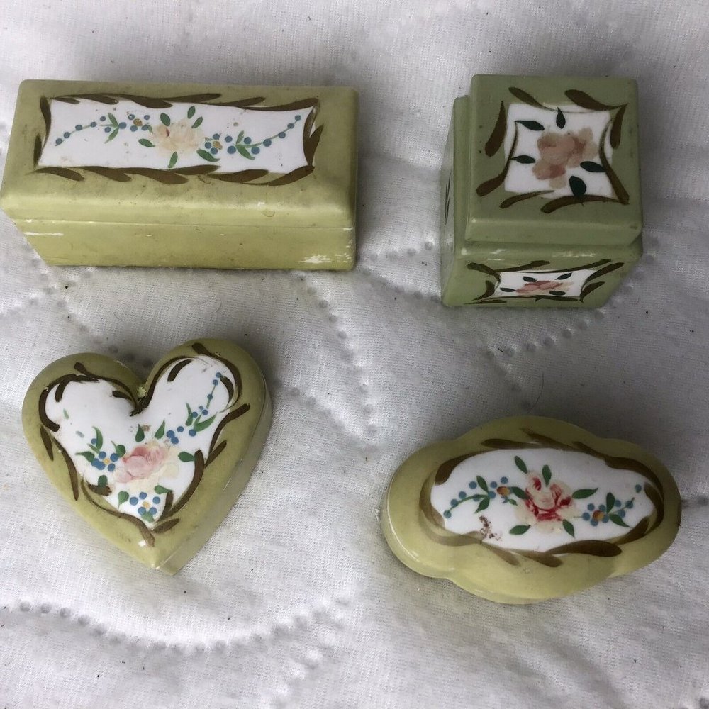 Vintage ELFINWARE Set Of 4 Hand-Painted Porcelain TRINKET BOXES Green With Rose